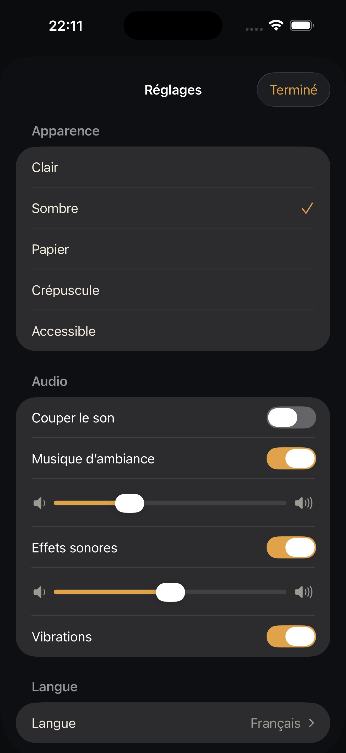Settings, Dark theme
